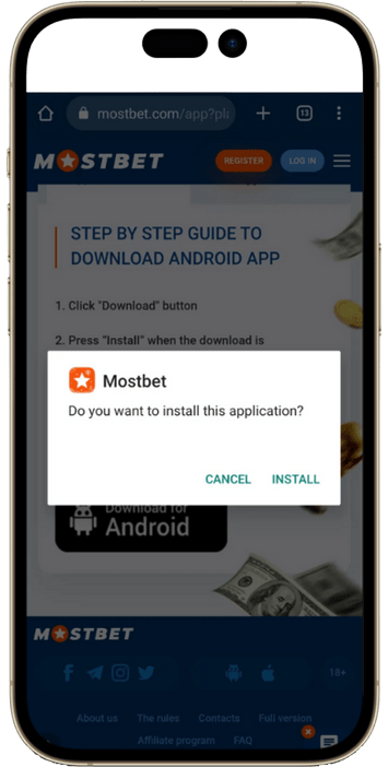 a mobile phone showing the step by step guide to install mostbet apk